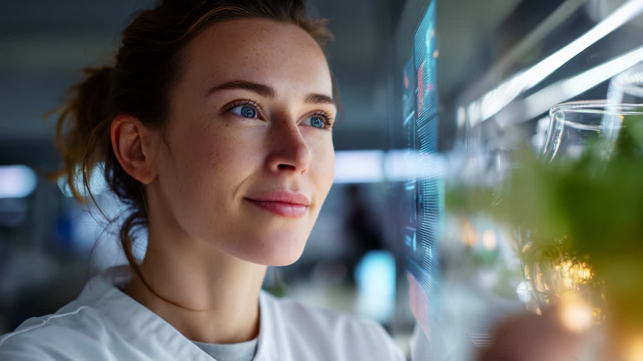 A focused scientist examines digital data displayed on a transparent screen, surrounded by greenery, representing innovation and exploration in the field of biology and technology integration