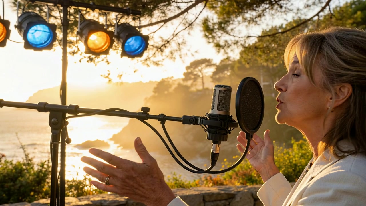 Cantante in blazer bianco, ispirato dal tramonto, che registra in un microfono accanto alle luci, con spazio per il testo.