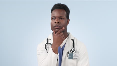 Thinking, black man or doctor in studio with idea