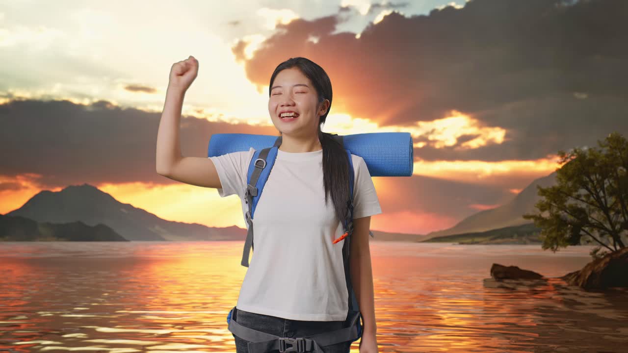 Asian Female Hiker With Mountaineering Backpack Screaming Goal Celebrating The Success At A Lake