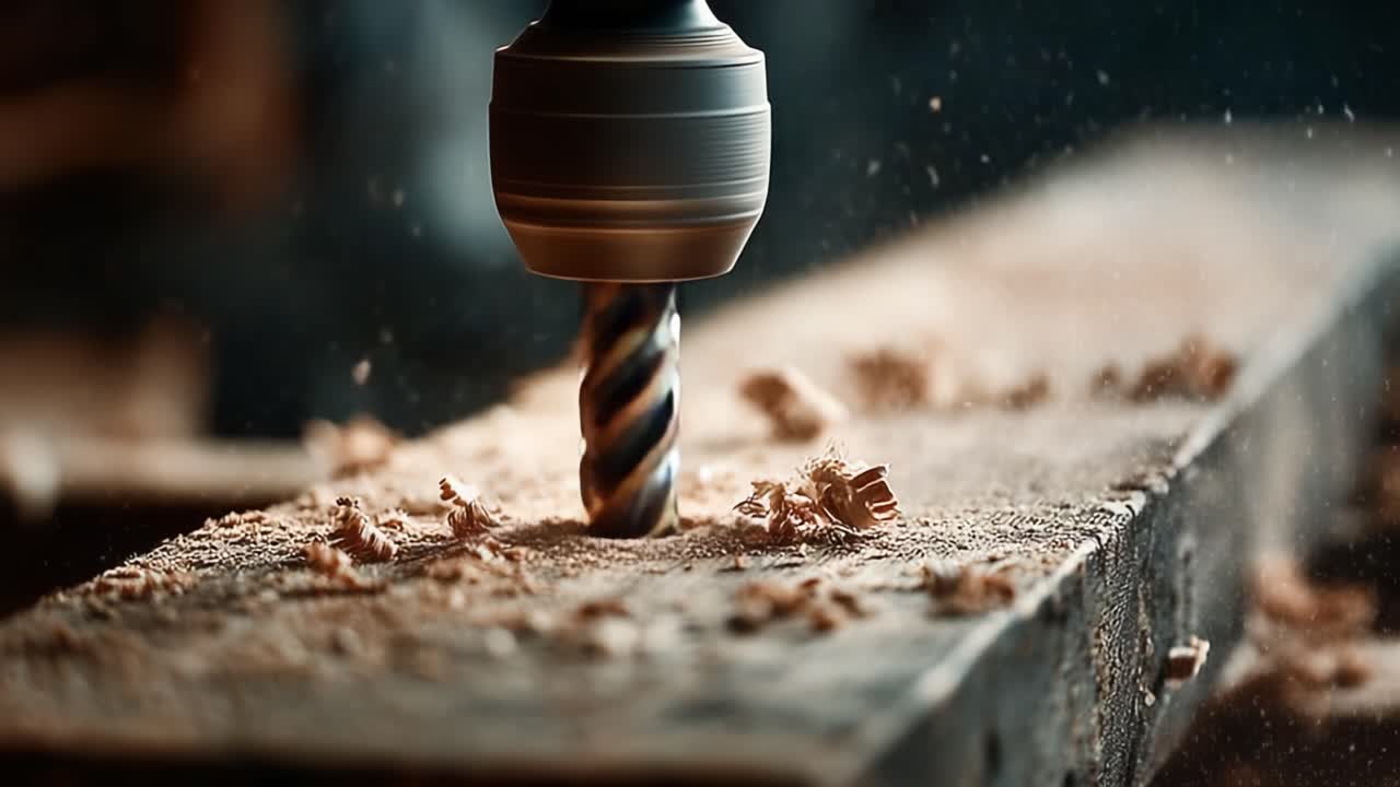 Eine Nahaufnahme eines Bohrers in Aktion: Die Präzision und Handwerkskunst der Holzbearbeitung einfangend, während Späne fliegen und Staub in der Werkstattumgebung wirbelt