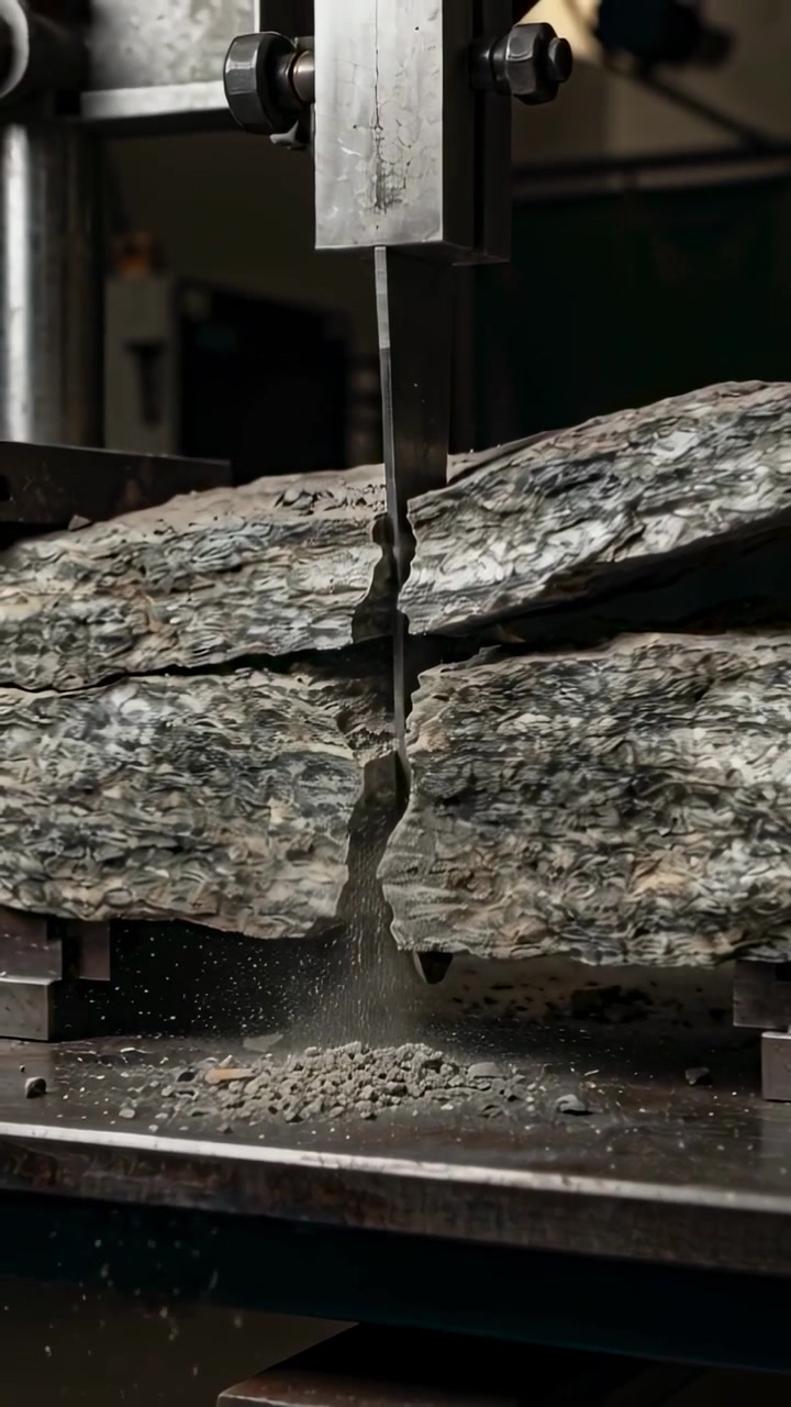 Vertical video: Making contact metal blade cutting rock slab at bench to split slab, sending dust