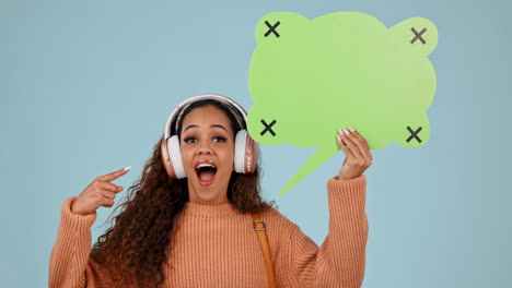 Pointing,-speech-bubble-and-woman-with-headphones