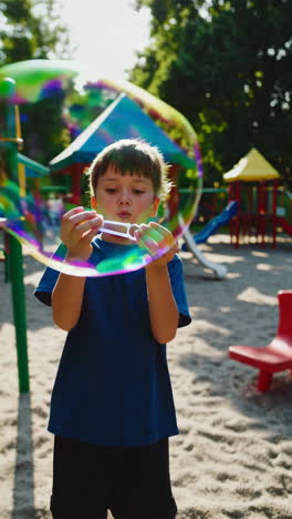young boy blowing large, colorful bubbles at a playground