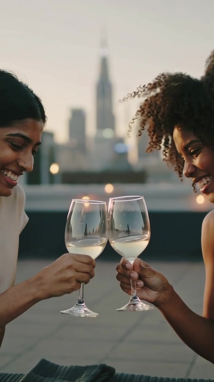 Vertical video: Smiling, two women clinking wine glasses on rooftop at dusk, toasting in light tops