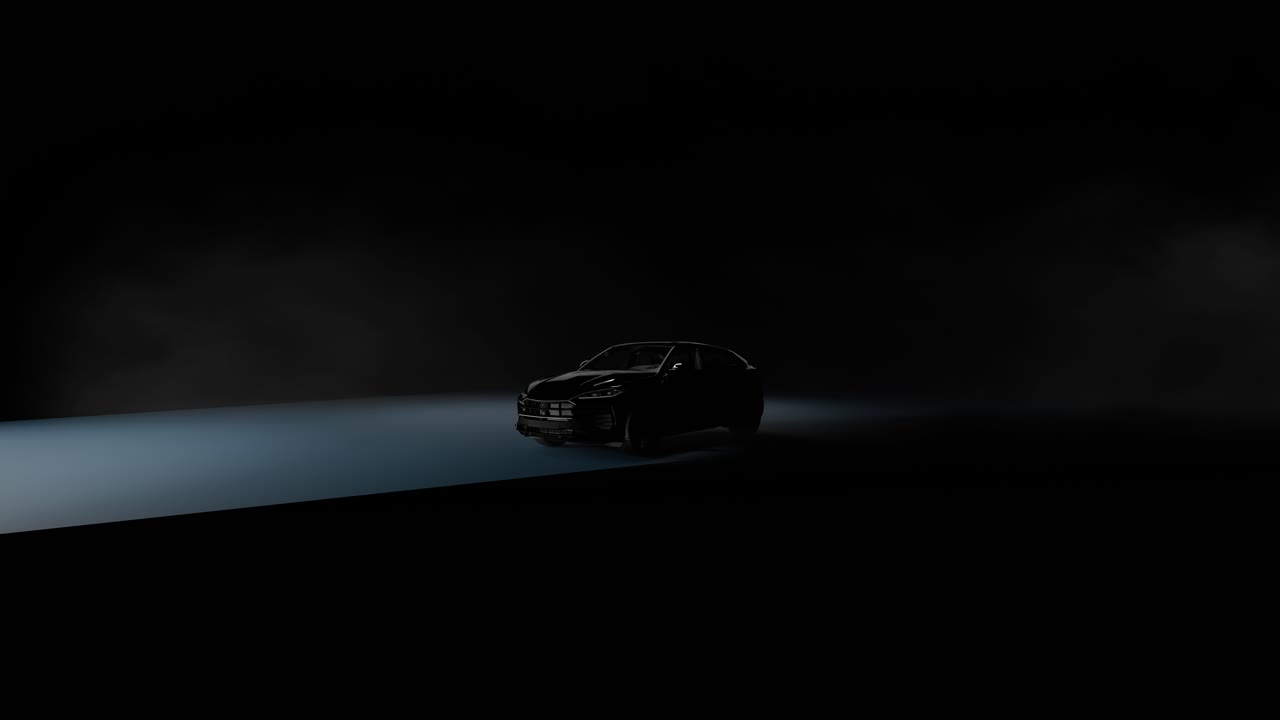 暗いスタジオで披露されたモダンな黒のSUV。