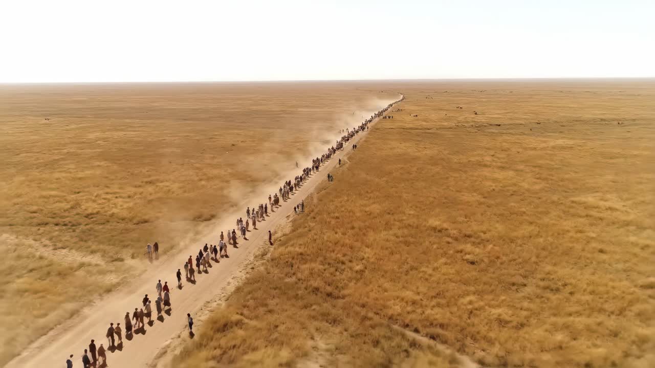 A long line of people walking through a desert