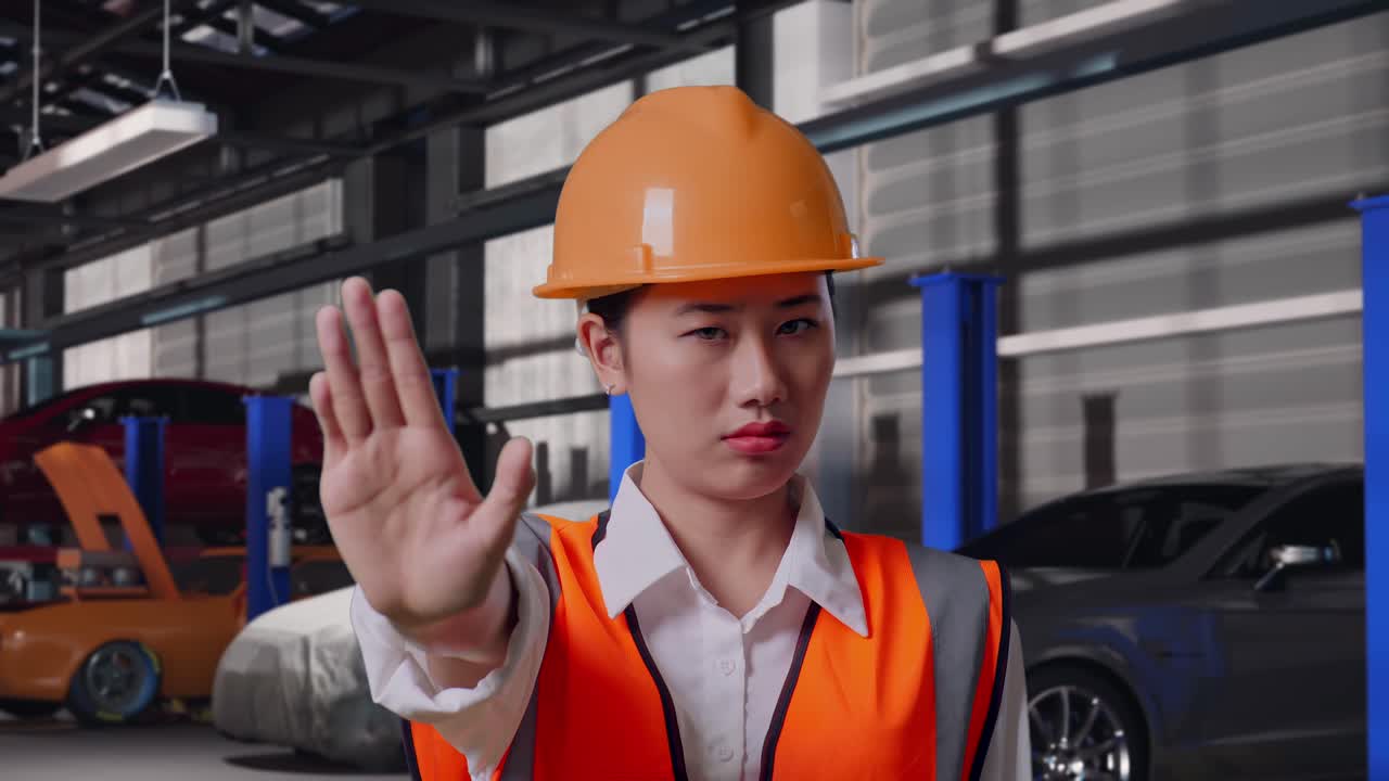 Primo piano di ingegnere asiatica con casco di sicurezza che esprime disapprovazione con il gesto della mano negativa mentre si trova in un'autofficina