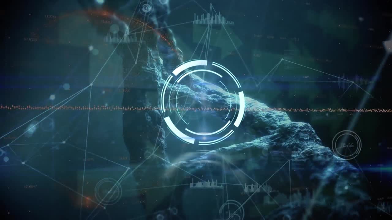 Animation of data processing and scope scanning over dna strand on black background