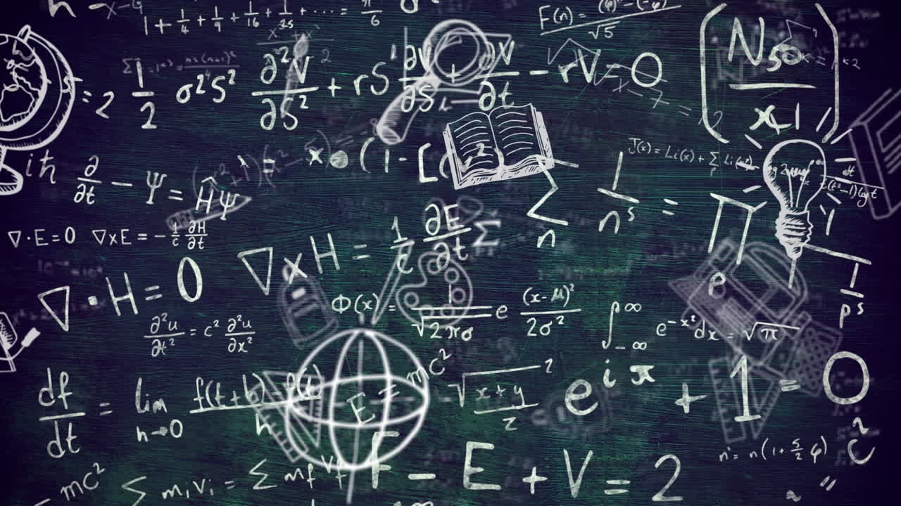 animación digital de iconos de conceptos escolares y ecuaciones matemáticas contra un fondo azul
