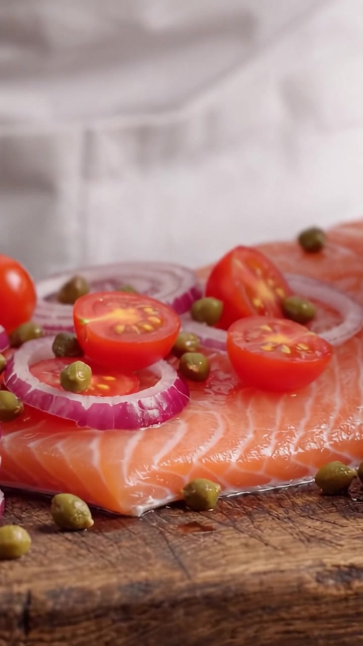 Preparazione di salmone fresco: un delizioso viaggio culinario con filetto di salmone, cipolle rosse brillanti, pomodorini e capperi verdi su un tagliere di legno rustico