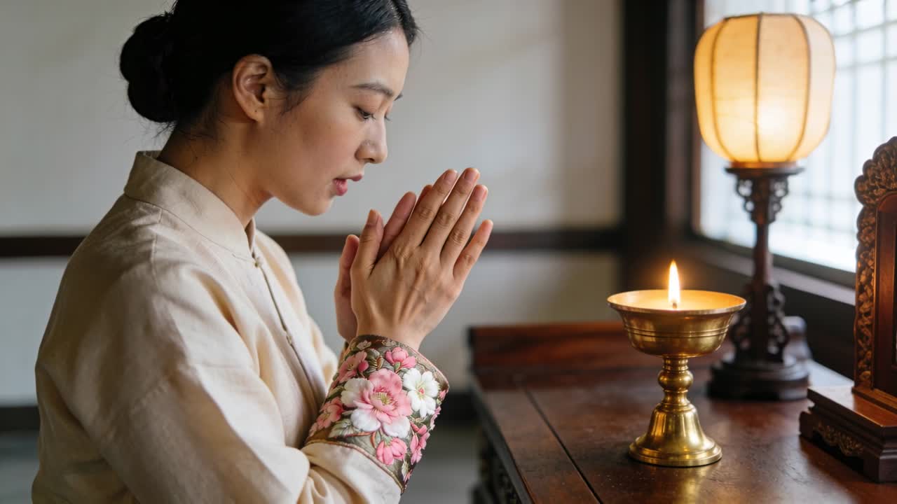 灯されたろうそくが置かれた祭壇で、花柄の袖口の服を着たアジア人女性が祈りを捧げ始め、お辞儀をしてささやいている。
