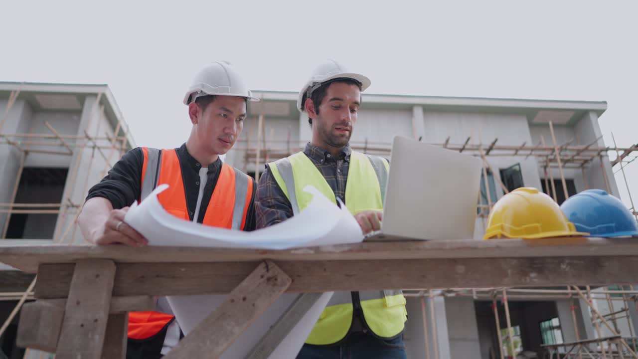 arquitecto de construcción o ingeniero civil en uniforme de seguridad discutir con el capataz sobre el modelo de casa en el plano en el sitio de construcción del proyecto de vivienda. equipo de contratista profesional en el negocio de bienes raíces.