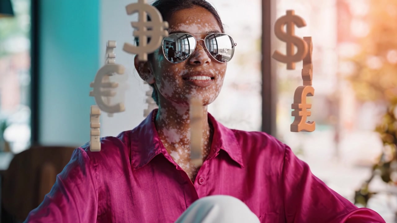A Confident Woman in Sunglasses Strategically Engaging with Currency Symbols in a Modern Cafe Environment
