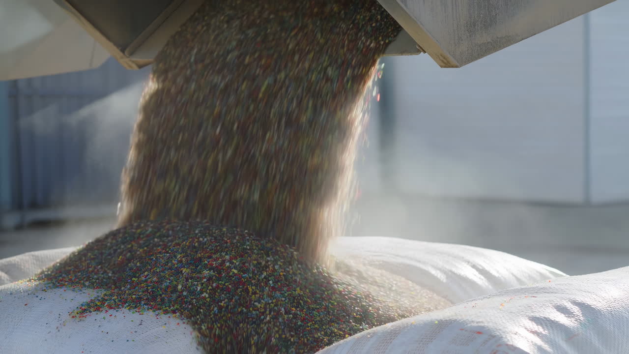 Closeup Seeds Pouring Into Hopper Over Burlap Sacks, Sunlight Backlight Emphasizes Dust Plume And Cascading