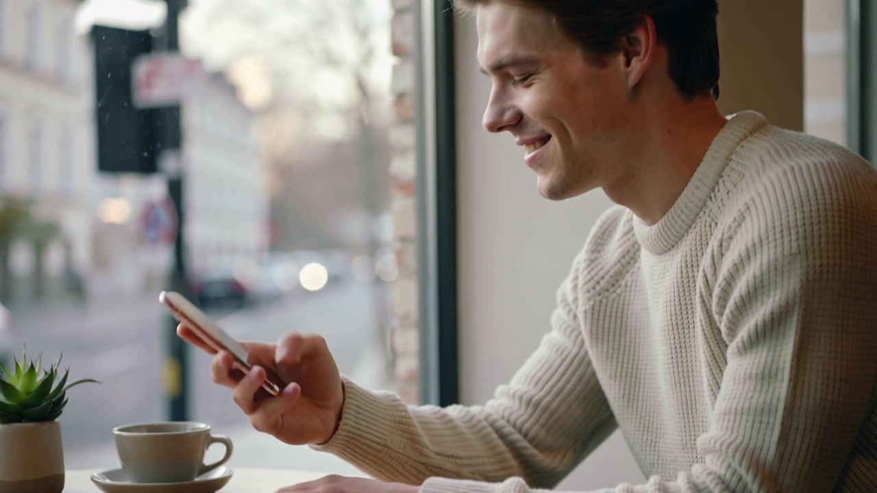 Reading phone, man in sweater placing it on cafe table with coffee and plant, copy space