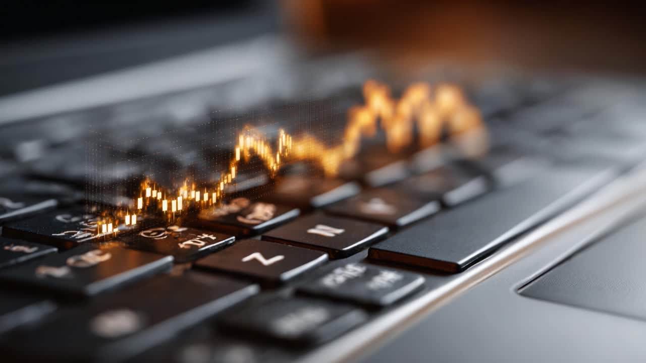 Dynamic Financial Chart Animation Overlaid on Laptop Keyboard Showcasing Data Analysis and Market Trends for Business Insights and Strategies
