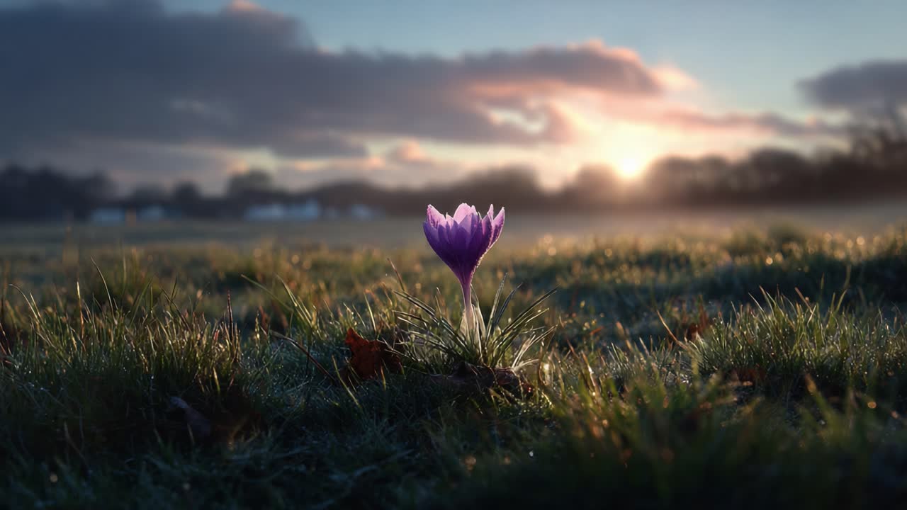 Uma flor deslumbrante: flor de Crocus roxa cativante emergindo da grama orvalhada sob um céu suave de nascer do sol