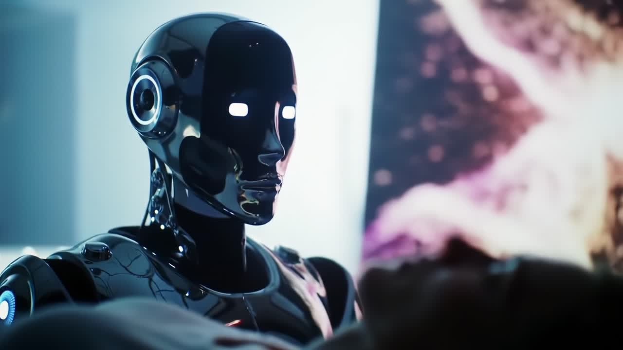 A Futuristic Encounter: A Close-Up of a Sleek, High-Tech Robot Engaging with an Unconscious Human Figure in a Sci-Fi Atmosphere Filled with Mystical Lights and Colors