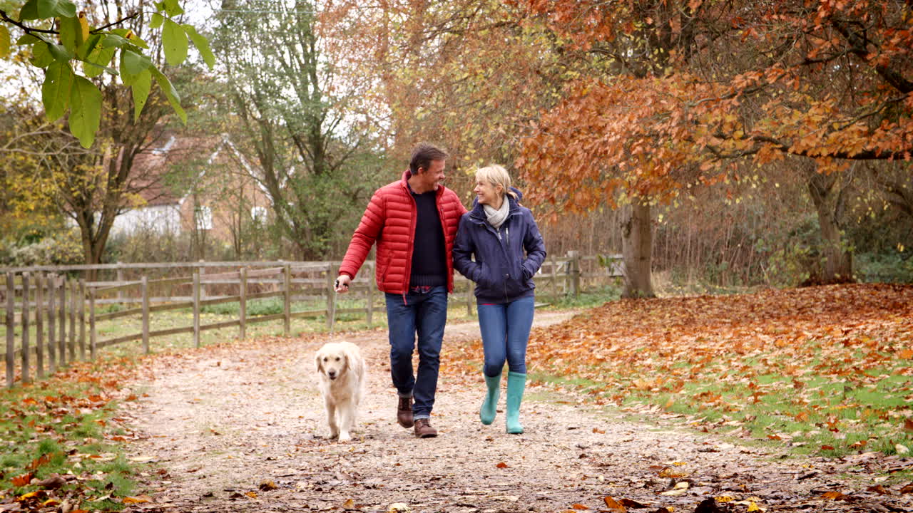 pareja madura en un paseo de otoño con un golden retriever