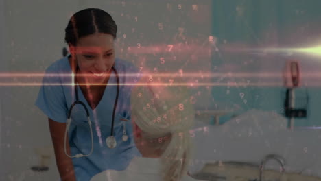 female nurse leaning over elderly patient in hospital room, showing floating data and light flares