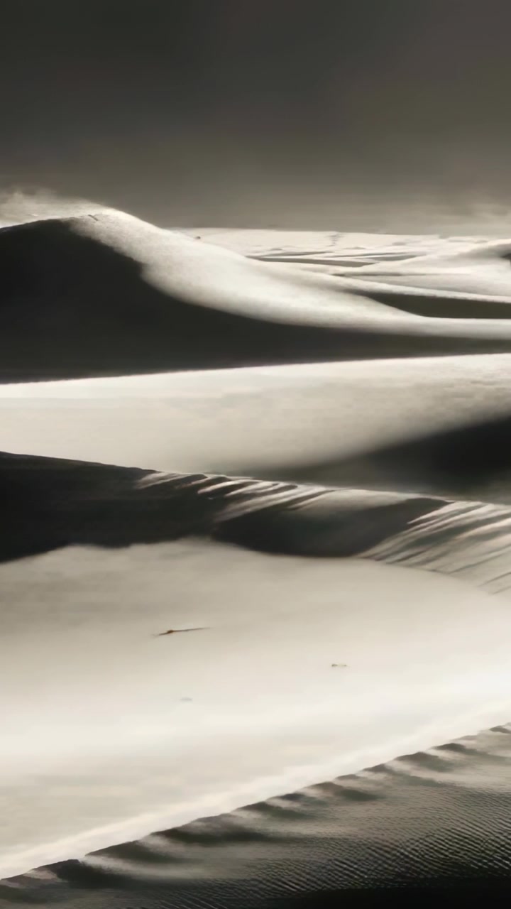 Vertical video: Wind kicking sand, dune crest shifting and revealing ripples with hazy dune horizon