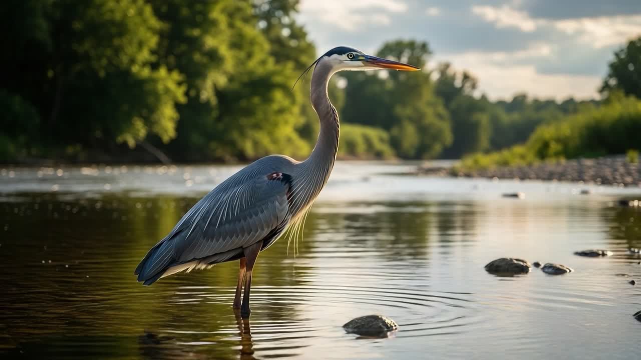 Majestic Great Blue Heron Standing Gracefully in a Serene River Landscape, Bathed in Golden Hour Light, Capturing the Essence of Nature's Beauty