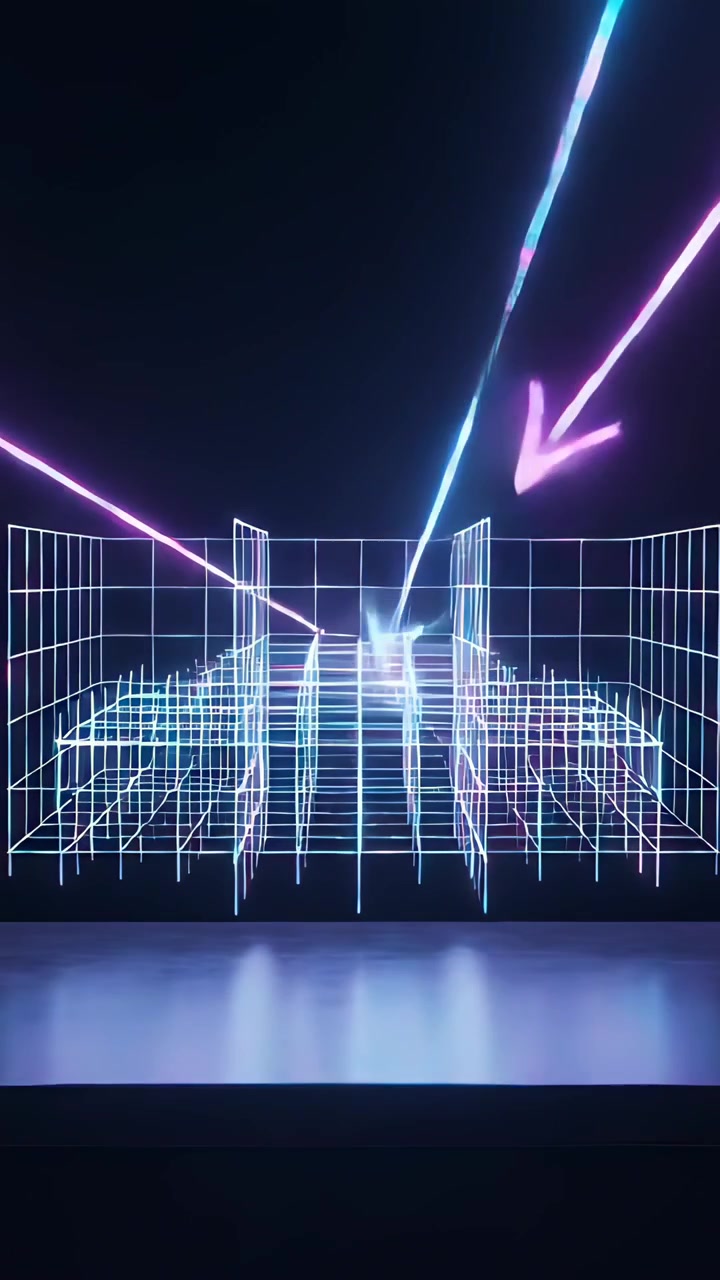 Vertikal video: Indkommende neonpile får neongitter til at stige på mørk LED-skærm, der reflekterer gulvet.