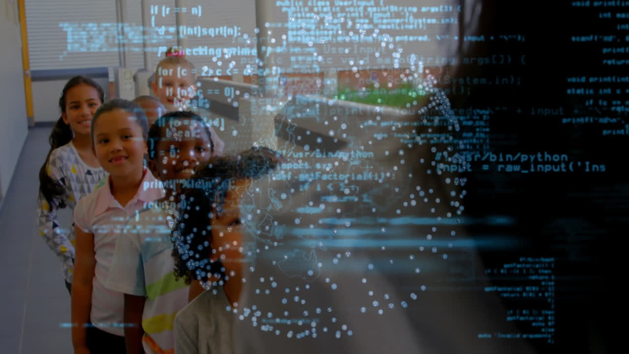 Elementary students standing in school corridor exploring holographic code snippets and particles