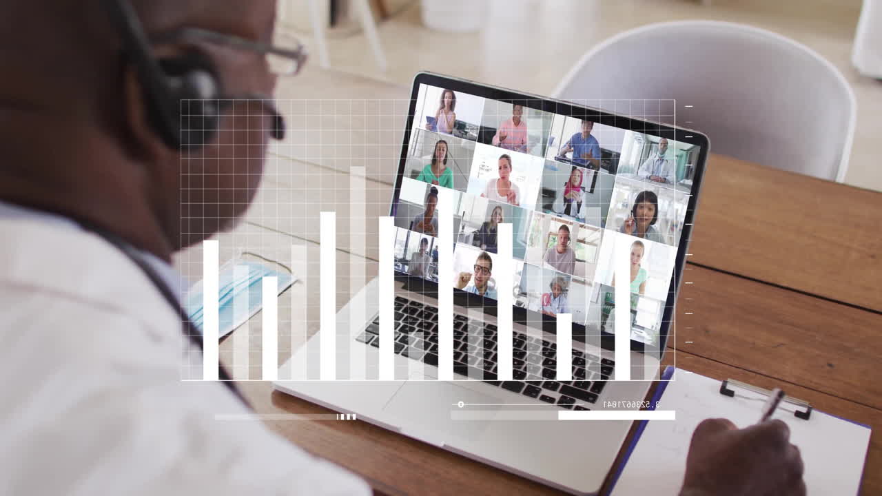 Animation of financial data processing over african american man on laptop video call