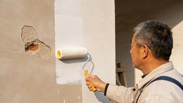 Placing roller, worker wearing jacket painting column on porch covering plaster, copy space