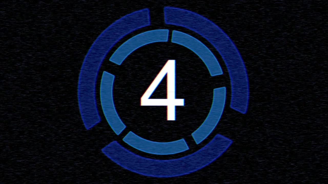Digital blue film countdown with glitch effect in futuristic style