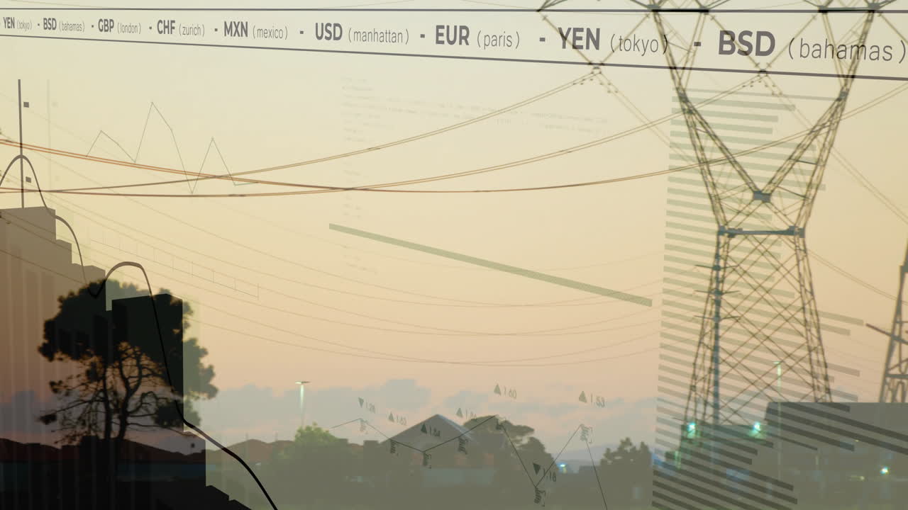 Cityscape at sunset with power lines and financial data animation overlaying