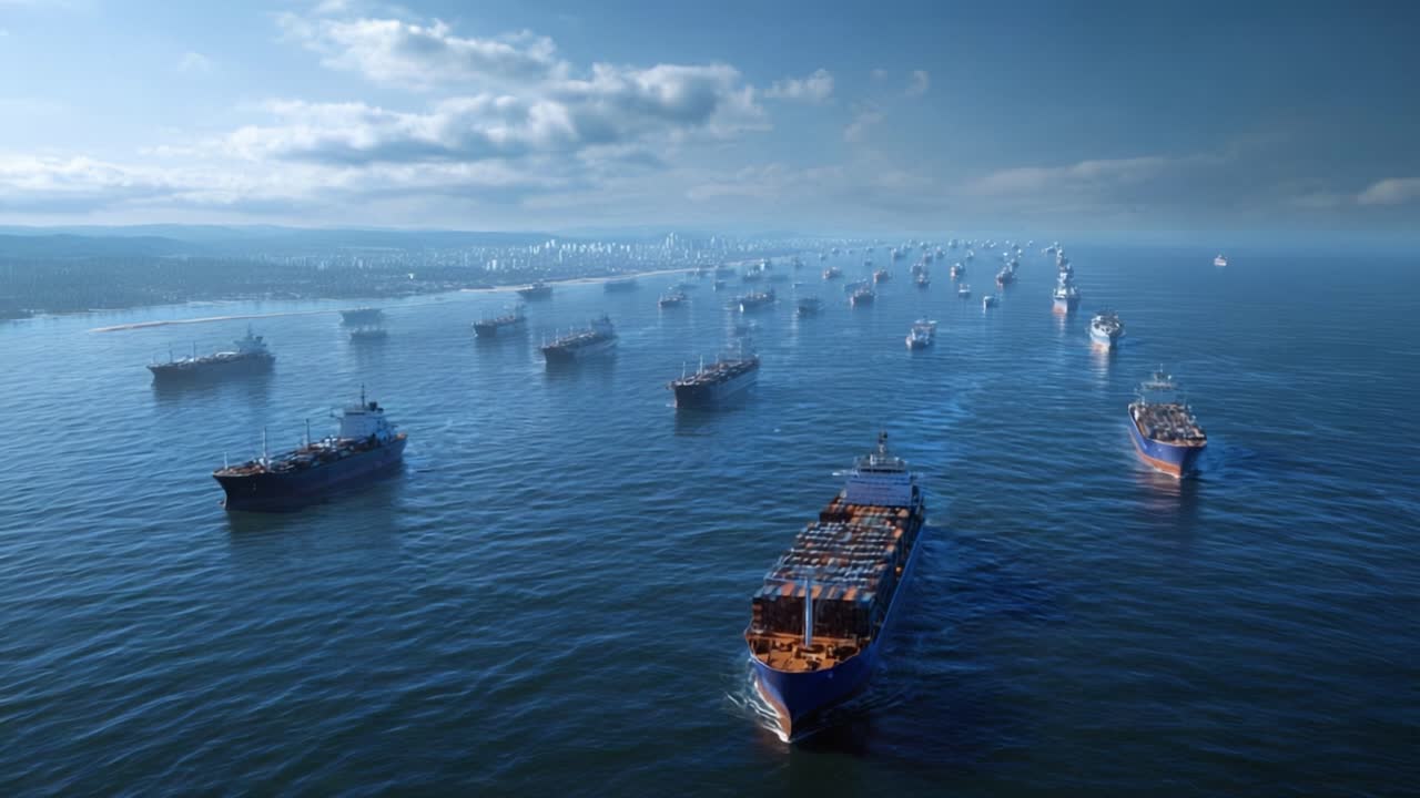Múltiples buques de carga navegan por aguas oceánicas tranquilas bajo un cielo brillante. Los barcos avanzan constantemente en formación organizada. La superficie del mar refleja la luz solar con suaves ondulaciones.