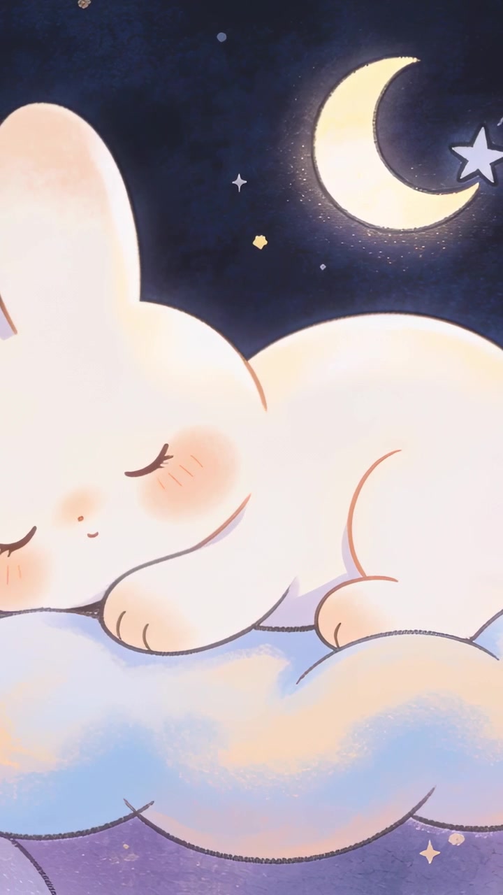 Vertical video: Panning camera revealing sleeping rabbit drifting on cloud to show crescent moon