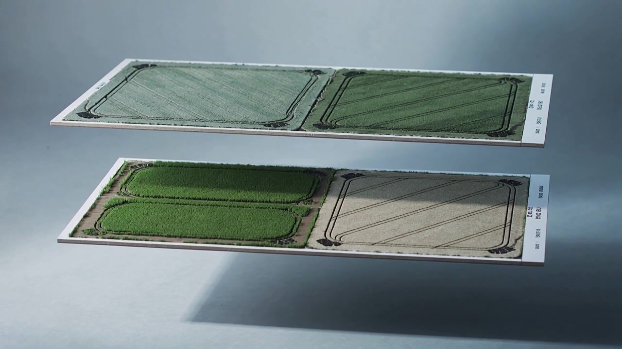 Animating two floating panels, lower panel revealing green growth in studio showing crops on maps