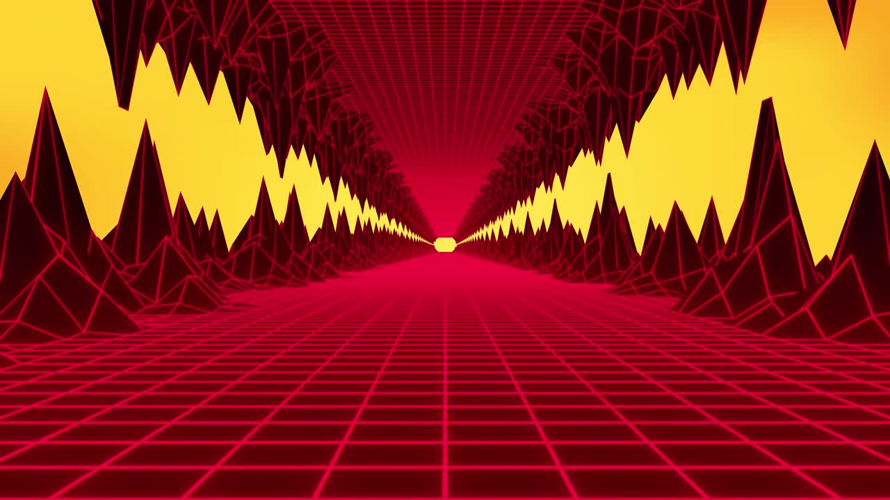 산 사이로 이동하는 그리드 거리의 감소하는 관점의 애니메이션