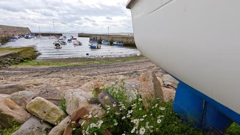 escena del puerto costero con barcos y flores