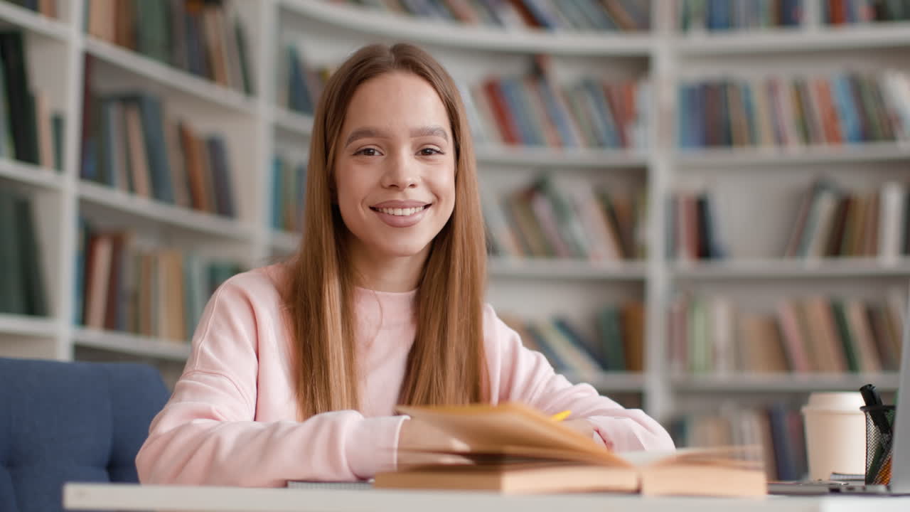 Un adolescente che studia in una biblioteca