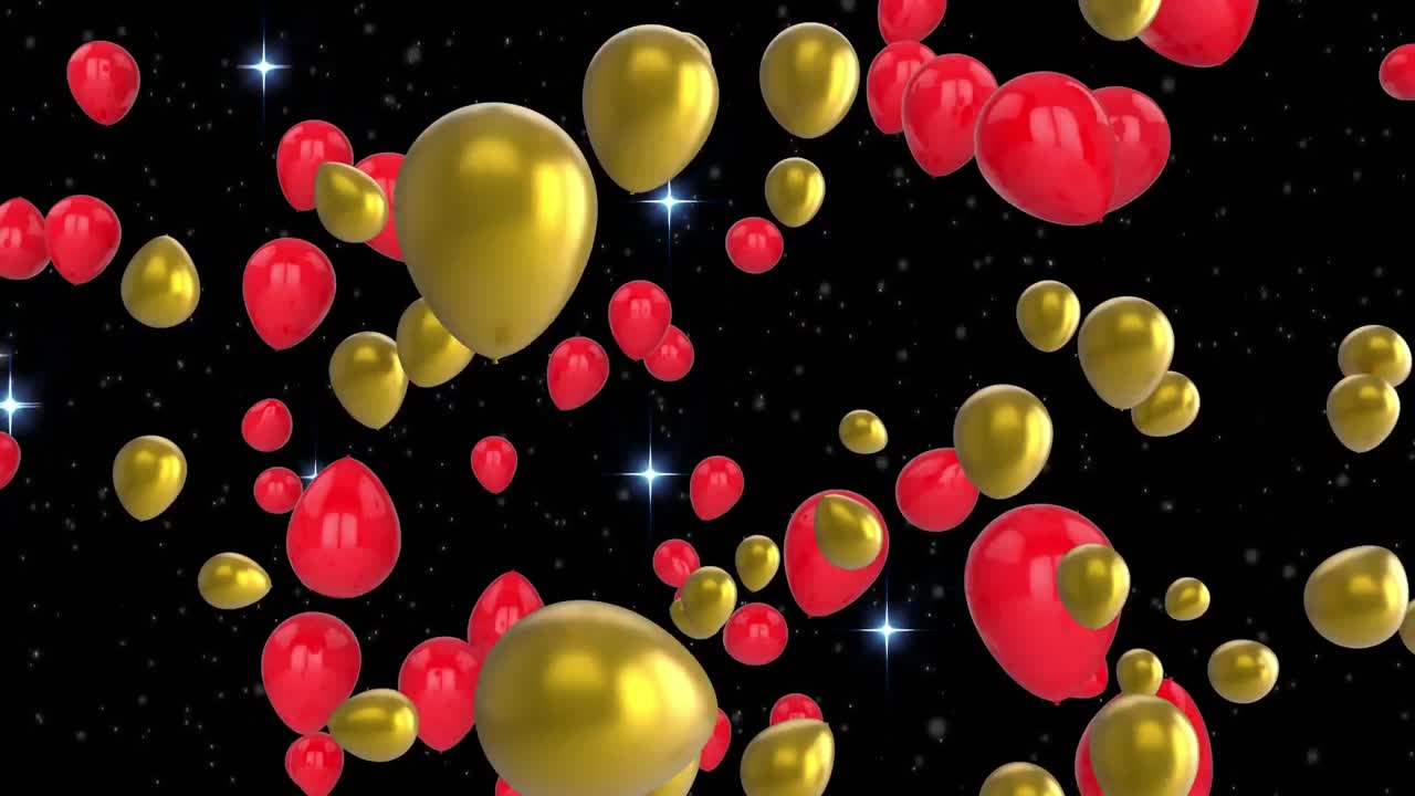 Animazione di palloncini colorati che volano su stelle e neve