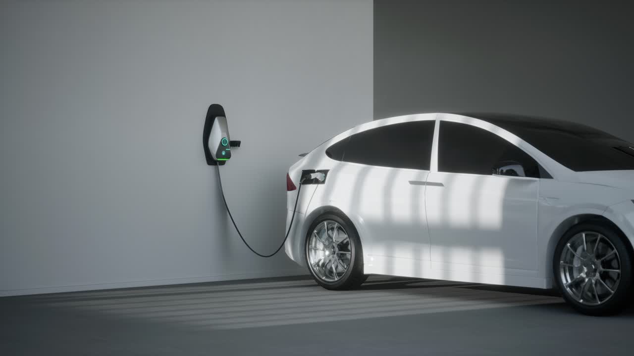 차고에서 전기 자동차 suv 충전 3d 애니메이션