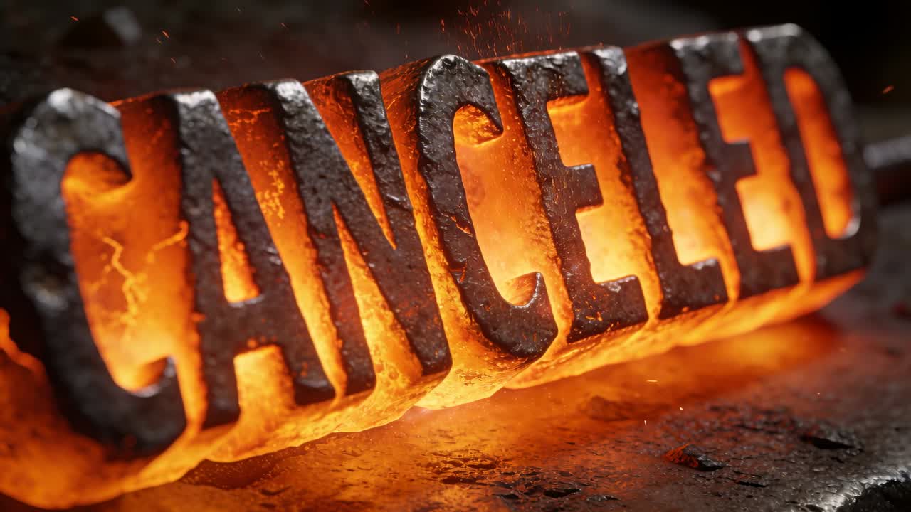 Efter smedjeopvarmning køler glødende "CANCELLED"-blok ned på metalplade og udsender gløder