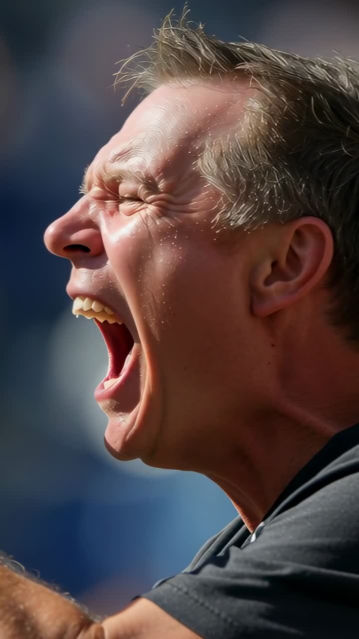 Vertical video: Shouting man reacting to offscreen game in stadium raising arm, wearing dark tee