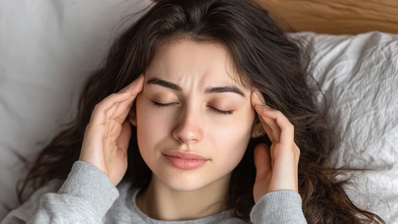 A Young Woman Experiencing Headaches in Bed, Illustrating the Struggle of Managing Pain and Discomfort as She Holds Her Head with a Pained Expression