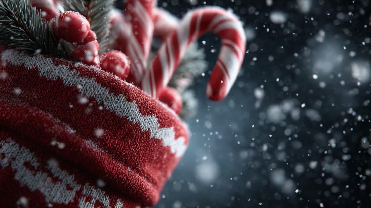 A Festive Close-Up of a Cozy Holiday Sock Filled with Candy Canes, Berries, and Pine Decorations Surrounded by a Magical Snowfall Atmosphere