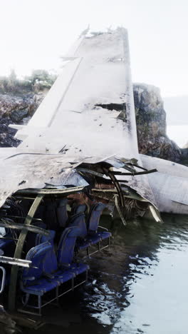 un avión destrozado se sienta en un campo de hierba verde con el cielo en el fondo