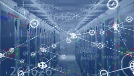 animation of network of connections with digital icons and numbers over computer servers