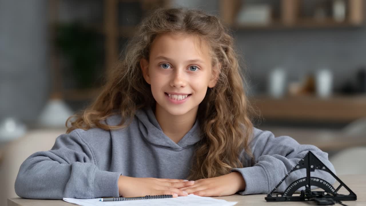 A Young Student Engaged in Learning: Capturing Moments of Curiosity and Focus with a Warm Smile in a Cozy Study Environment