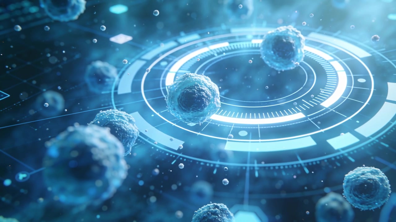 Telecamera che avanza, cellula centrale che si sposta in avanti in dati CGI, con HUD che scansiona per l'analisi.