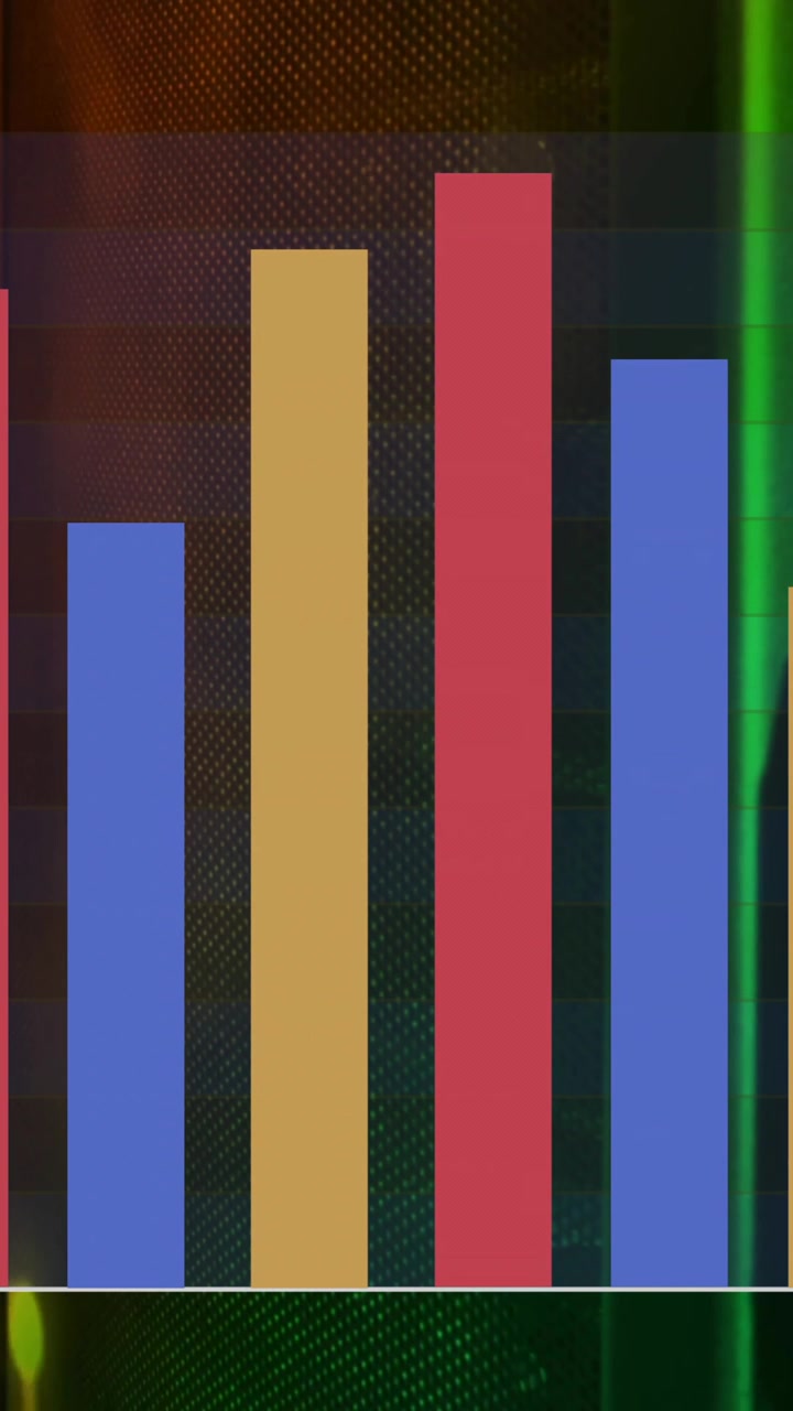 Gráfico de barras colorido con tonos verdes y naranjas sobre un fondo abstracto.